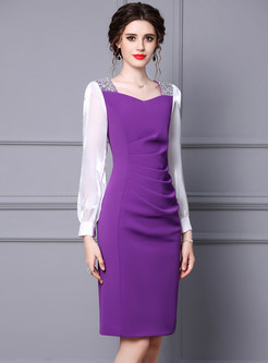 Square Neck Long Sleeve Color Contrast Shirred Waist Pencil Dresses