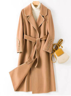 Notched Collar Wool Blend Tie Strap Womens Coats