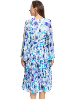 V-Neck Glamorous Flare Sleeve Allover Print Chiffon Dresses