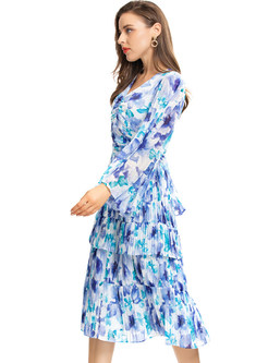 V-Neck Glamorous Flare Sleeve Allover Print Chiffon Dresses