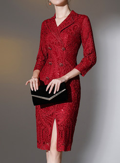 Court Lapel 3/4 Sleeve Double-Breasted Lace Sheath Dresses
