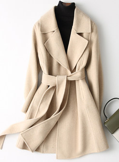 Womens Premium-Fabric Wool Tie Waist Camel Coats