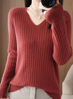 Utility V-Neck Long Sleeve Ribbed Knitted Jumper For Women