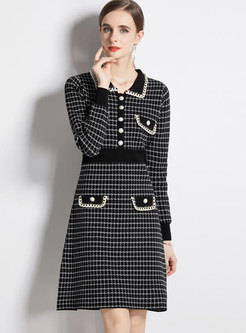 Minimalist Turn-Down Collar Plaid Knitted Dresses