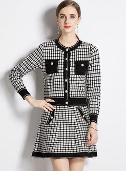 Vintage Plaid Knitted Skirt Suits For Women