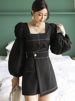 Square Neck Puff Sleeve Black Tops & Shorts Womens Pant Suits