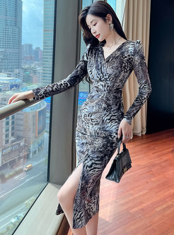 Sexy V-Neck Leopard Print Velvet Slit Corset Dresses