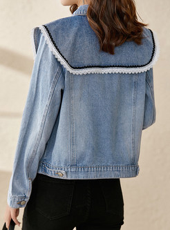 Turn-Down Collar Patch Denim Blouses For Women