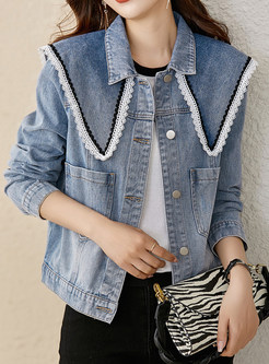 Turn-Down Collar Patch Denim Blouses For Women