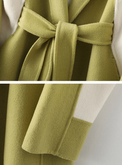 Large Lapels Color Contrast Tie Waist Cashmere Womens Coats