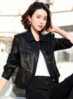 Turn-Down Collar PU Cropped Leather Jackets Women