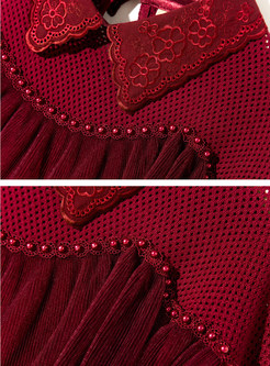 Women Turn-Down Collar Ruffles Transparent Lace Splicing Knit Jumper