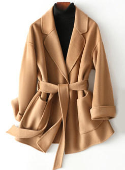 Large Lapels Tie Waist Womens Coats With Pockets