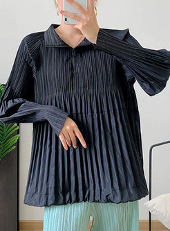 Shirt Collar Pleated Pullovers Tops For Women