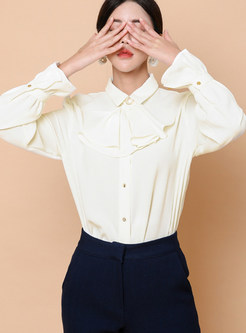 Blooming Bowknot Frill Trim White Blouses For Women
