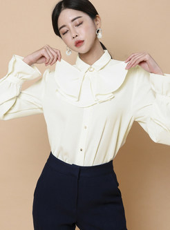 Blooming Bowknot Frill Trim White Blouses For Women