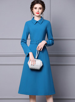 Turn-Down Collar Solid Color Lite Work Pencil Dresses