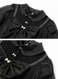 Turn-Down Collar Beading Bow-Embellished Frill Trim Knitwear Women