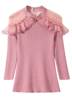 V-Neck Tulle Patch Lace-Trimmed Knit Jumper For Women