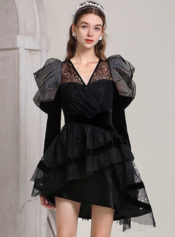 Fashion V-Neck Water Soluble Lace Patch Irregular Little Black Dresses