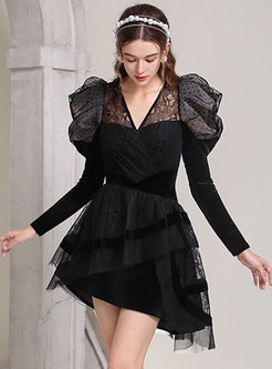 Fashion V-Neck Water Soluble Lace Patch Irregular Little Black Dresses