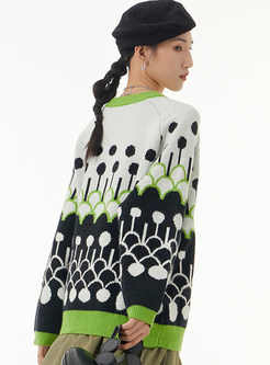 Crew Neck Intarsia Oversize Sweaters For Women