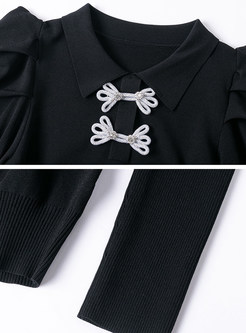 Turn-Down Collar Puff Sleeve Bowknot Knitted Jumper Women