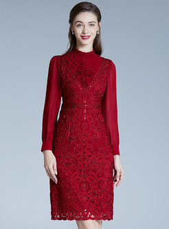 Fashion Long Sleeve Water Soluble Lace Pencil Dresses
