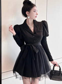 Large Lapels Single-Breasted Lace Splicing Little Black Dresses