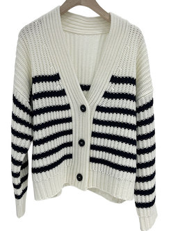 Women Long Sleeve Stripe Cardigan Sweater