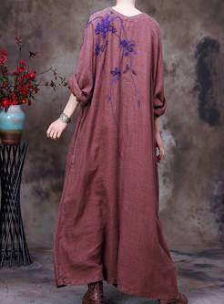 V-Neck Linen Oversize Solid Color Casual Dresses