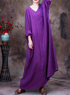 V-Neck Linen Oversize Solid Color Casual Dresses