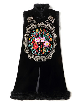 High Neck Fur-Trimmed Embroidered Vintage Sleeveless Mini Dresses