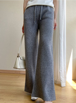 Casual Wool Ribbed-Knit Tie Waist Knitted Pants Women