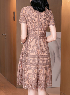Crewneck Embroidered Short Sleeve A-Line Dresses