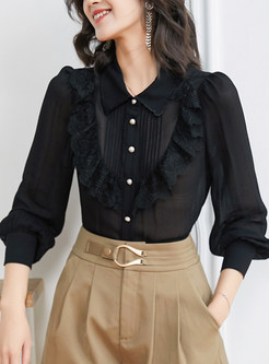 Turn-Down Collar Frill Trim Solid Color Black Blouses