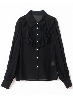 Turn-Down Collar Frill Trim Solid Color Black Blouses