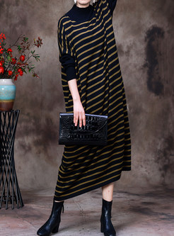Fashion High Neck Striped Knitted Long Dresses