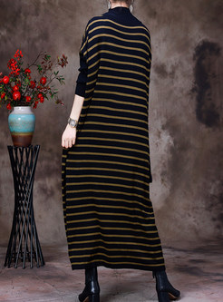 Fashion High Neck Striped Knitted Long Dresses