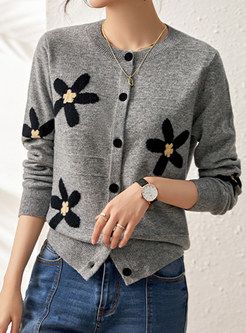 Crewneck Wool Embroidered Single-Breasted Women Open Front Knitted