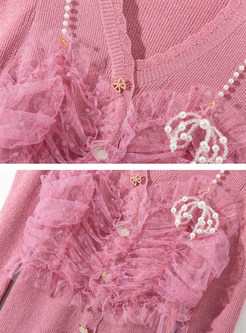 V-Neck Beading Decoration Lace-Trimmed Women Open Front Knitted