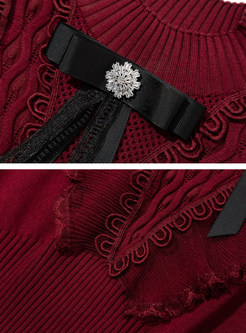 Mock Neck Mesh Patch Long Sleeve Knitwear For Women