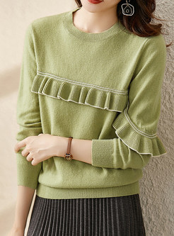 Crewneck Frill Trim Solid Color Women Knitted Jumper