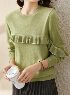 Crewneck Frill Trim Solid Color Women Knitted Jumper