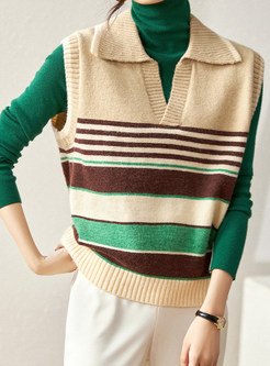 Women Turn-Down Collar Daily Striped Sweater Vest
