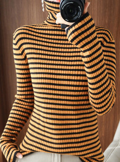 Women's Turtle Neck Long Sleeve Stripe Sweater