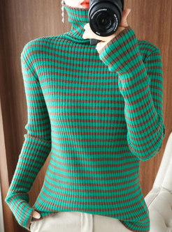 Women's Turtle Neck Long Sleeve Stripe Sweater