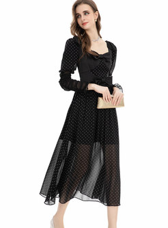 Women Long Sleeve Dot Printing Maxi Dresses