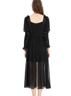 Women Long Sleeve Dot Printing Maxi Dresses
