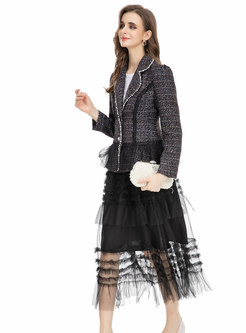 Women Long Sleeve Blazer Coat & Mesh Skirt Suit